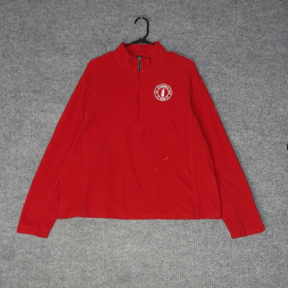 Lands‎ End Fleece Pullover Mens XL Red Cincinnati Fire Service Quarter Zip